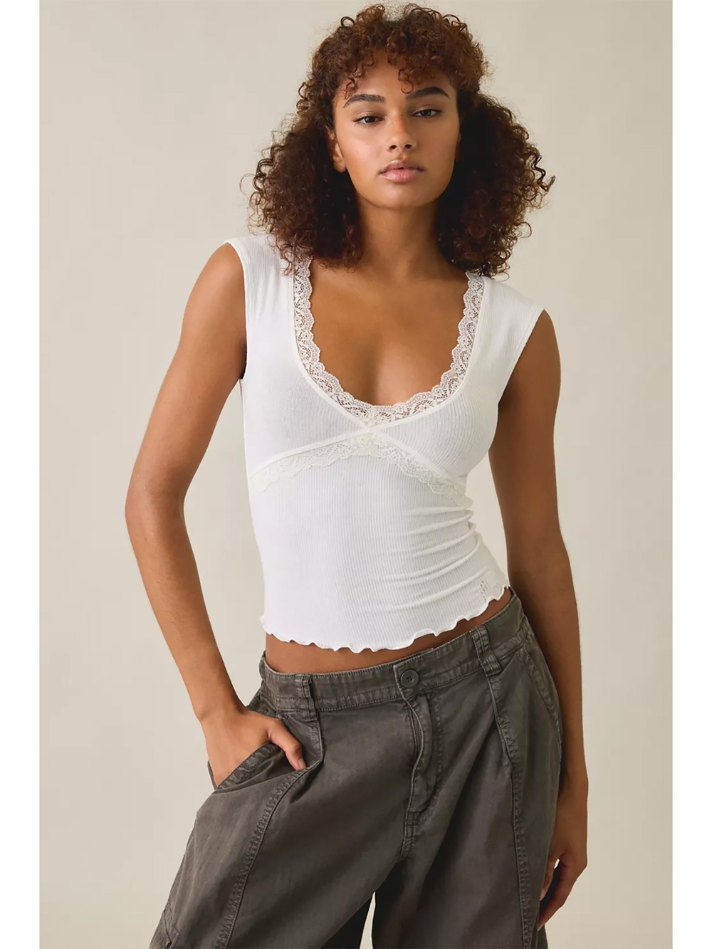 Urban Outfitters Out From Under Diana Plunging Lace Trim Cap Sleeve Top